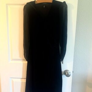 H by Halston Black Sheath Dress with V-Neck Bishop Sleeves